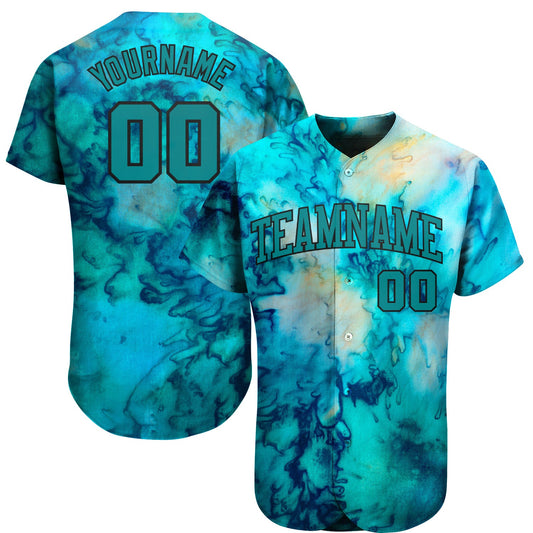 Custom Tie Dye Teal-Black 3D Authentic Baseball Jersey - Main View