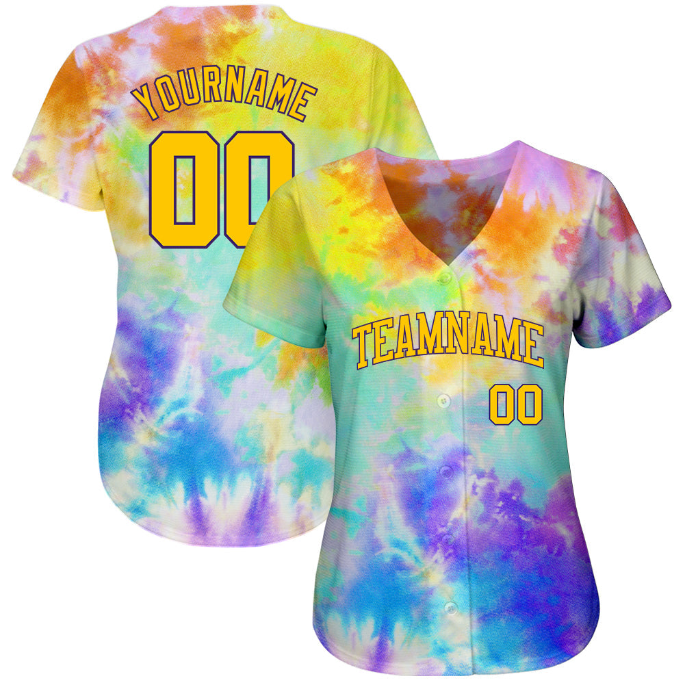 Custom Tie Dye Gold-Purple 3D Authentic Baseball Jersey view 3