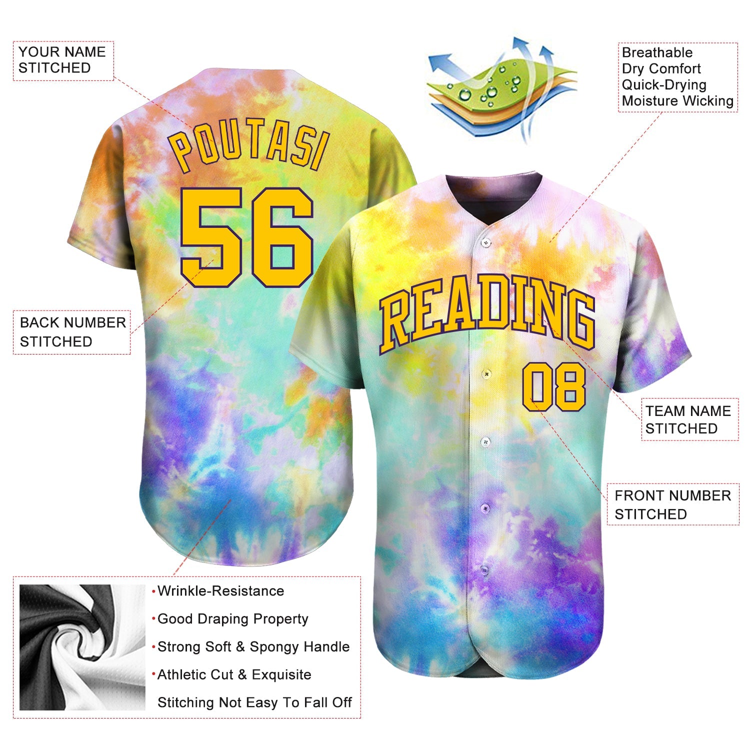 Custom Tie Dye Gold-Purple 3D Authentic Baseball Jersey view 4