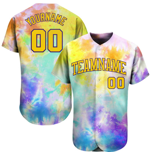 Custom Tie Dye Gold-Purple 3D Authentic Baseball Jersey - Main View