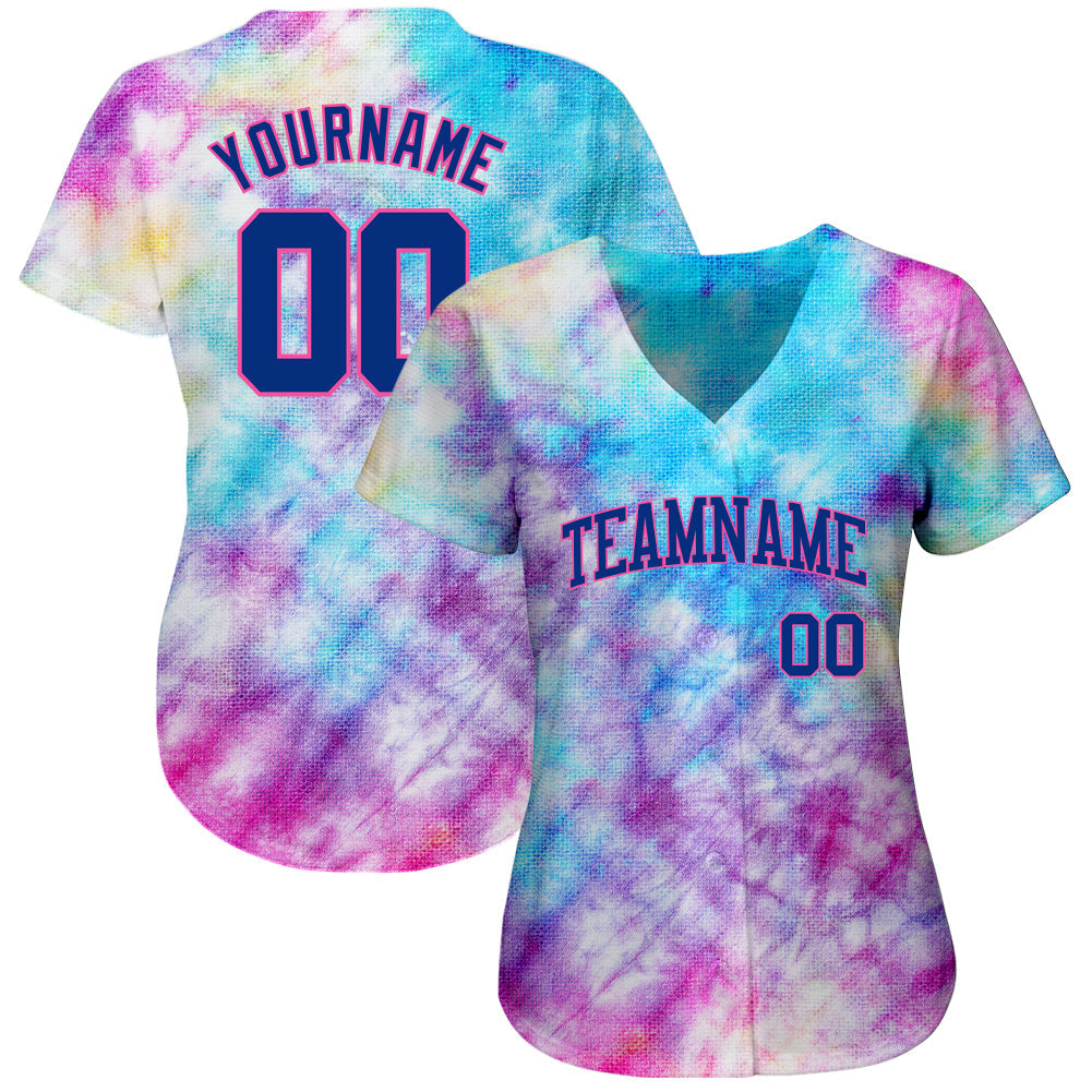 Custom Tie Dye Royal-Pink 3D Authentic Baseball Jersey view 2
