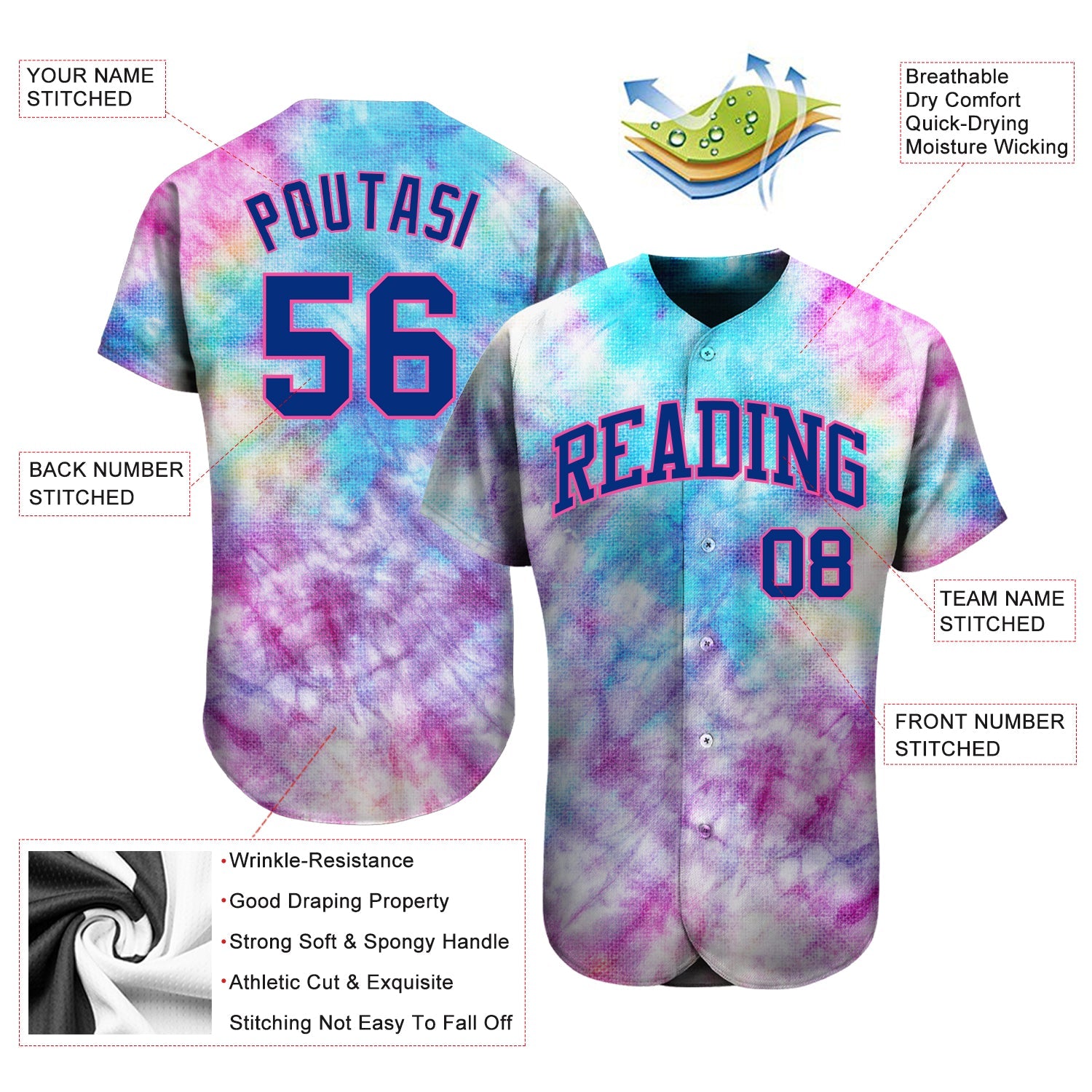 Custom Tie Dye Royal-Pink 3D Authentic Baseball Jersey view 3