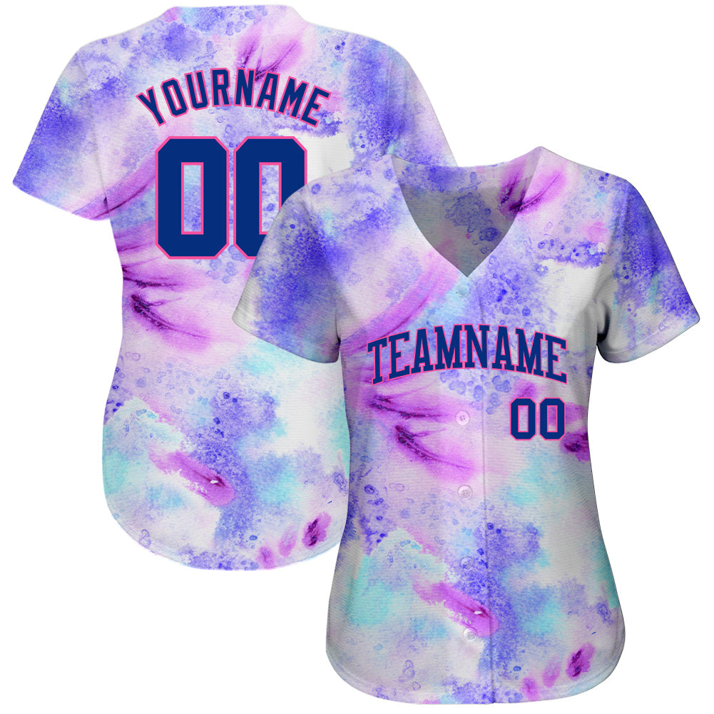 Custom Tie Dye Royal-Pink 3D Authentic Baseball Jersey view 2