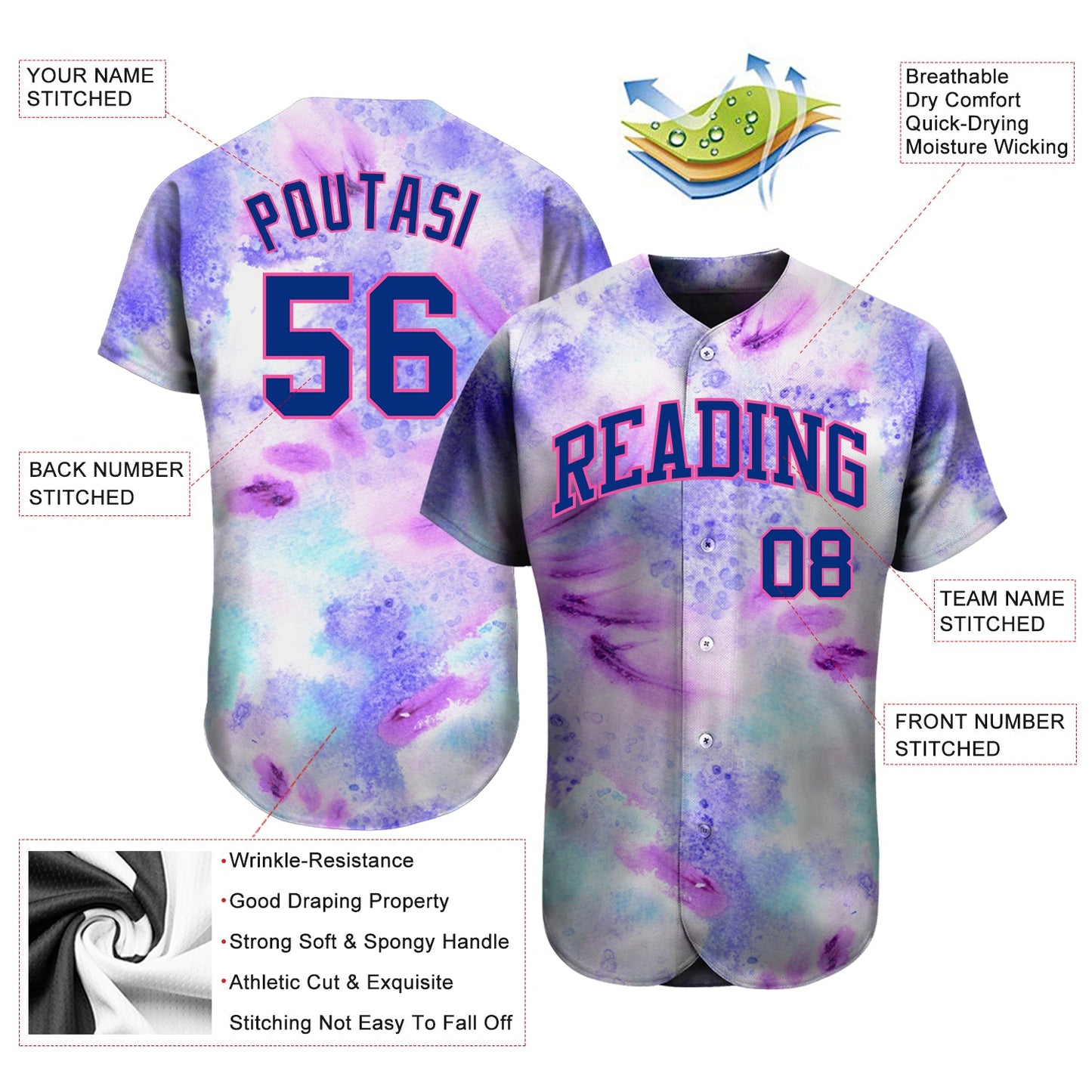 Custom Tie Dye Royal-Pink 3D Authentic Baseball Jersey view 3