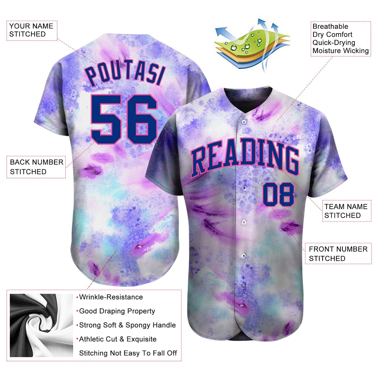 Custom Tie Dye Royal-Pink 3D Authentic Baseball Jersey view 3