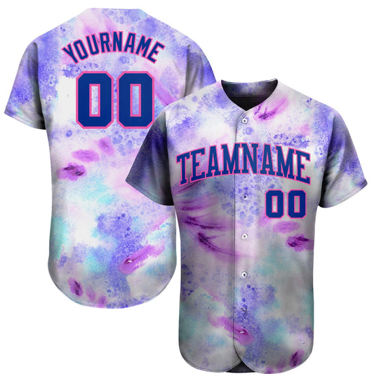 Custom Tie Dye Royal-Pink 3D Authentic Baseball Jersey - Main View
