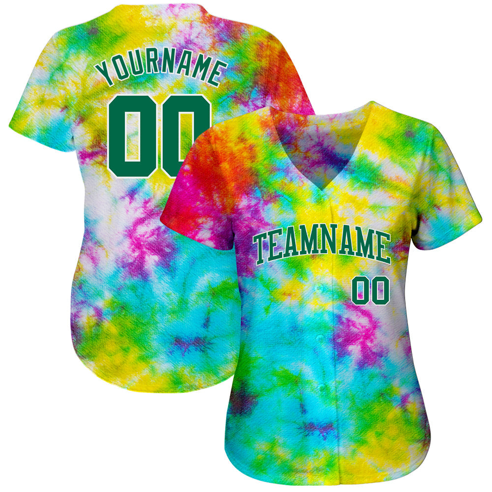 Custom Tie Dye Kelly Green-White 3D Authentic Baseball Jersey view 2