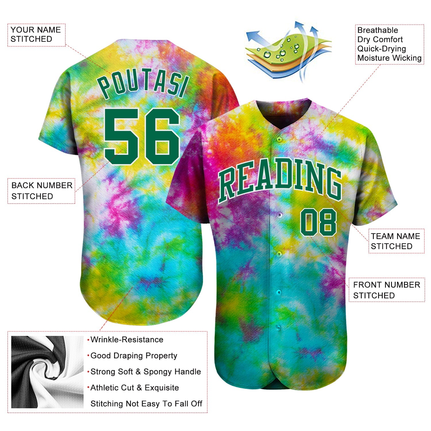 Custom Tie Dye Kelly Green-White 3D Authentic Baseball Jersey view 3