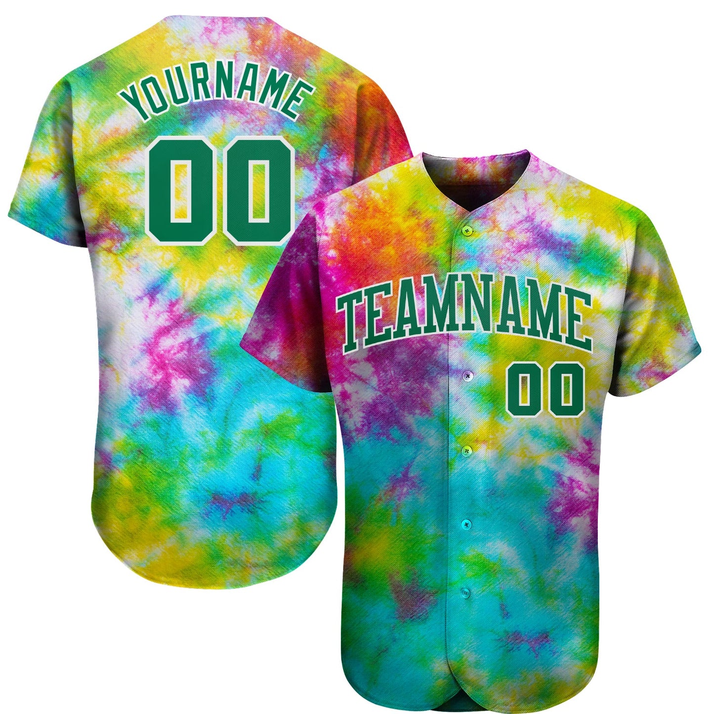 Custom Tie Dye Kelly Green-White 3D Authentic Baseball Jersey - Main View