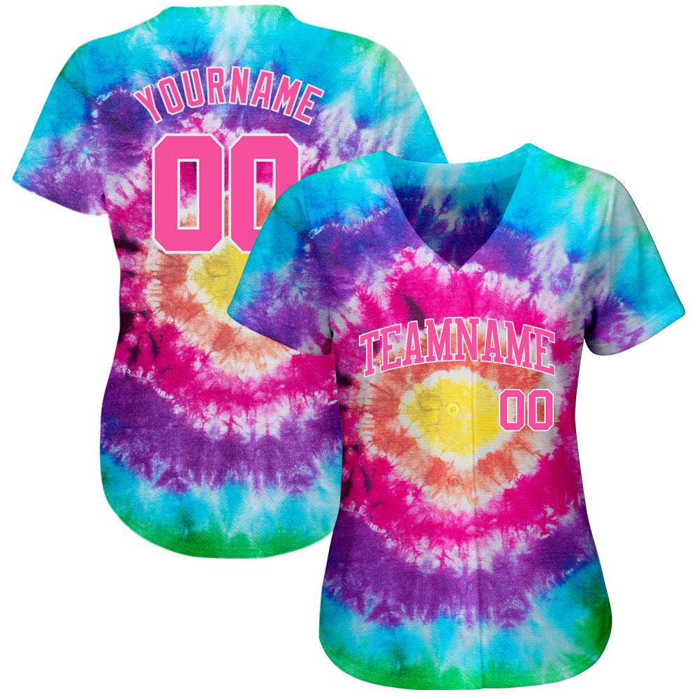 Custom Tie Dye Pink-White 3D Authentic Baseball Jersey view 2