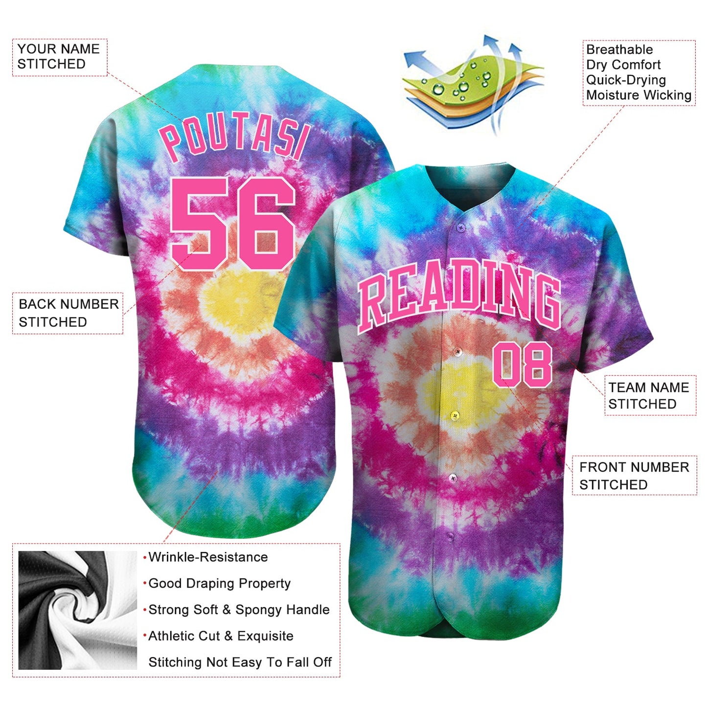 Custom Tie Dye Pink-White 3D Authentic Baseball Jersey view 3