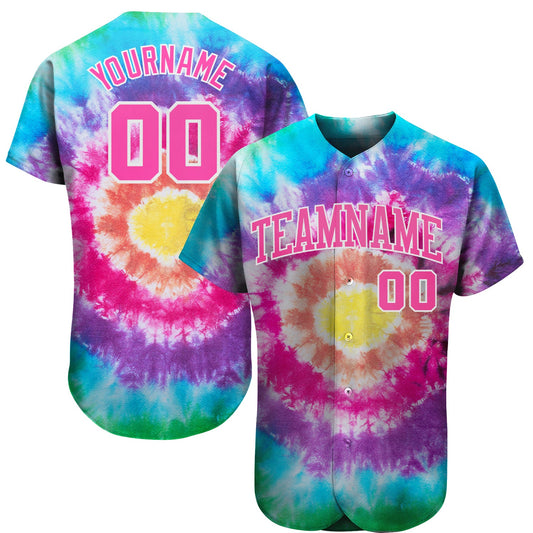 Custom Tie Dye Pink-White 3D Authentic Baseball Jersey - Main View