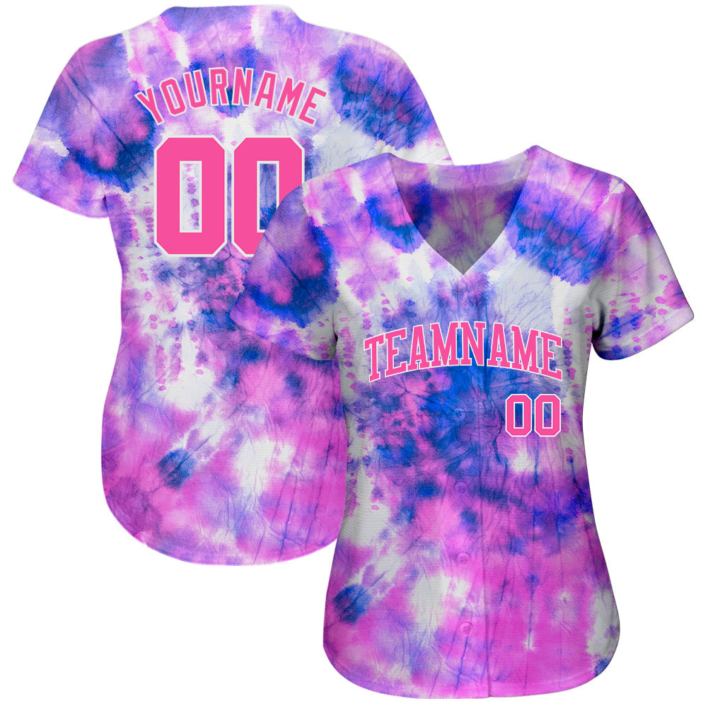 Custom Tie Dye Pink-White 3D Authentic Baseball Jersey view 2