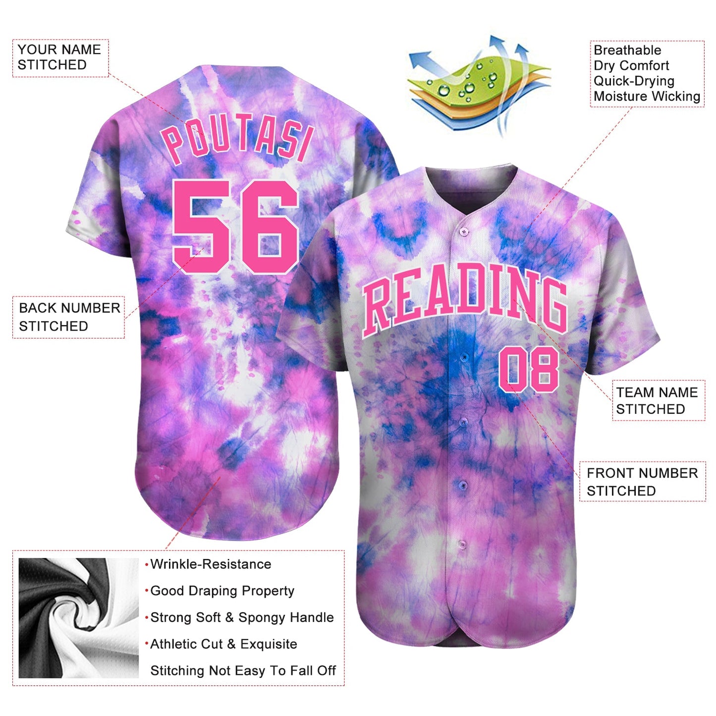 Custom Tie Dye Pink-White 3D Authentic Baseball Jersey view 3