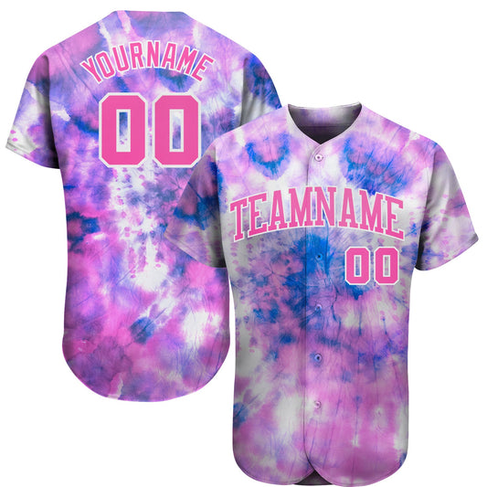 Custom Tie Dye Pink-White 3D Authentic Baseball Jersey - Main View