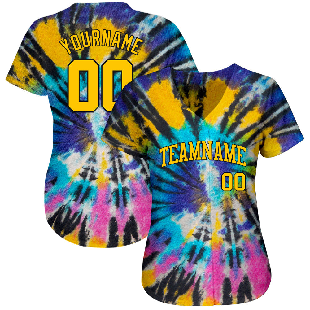 Custom Tie Dye Gold-Black 3D Authentic Baseball Jersey view 2