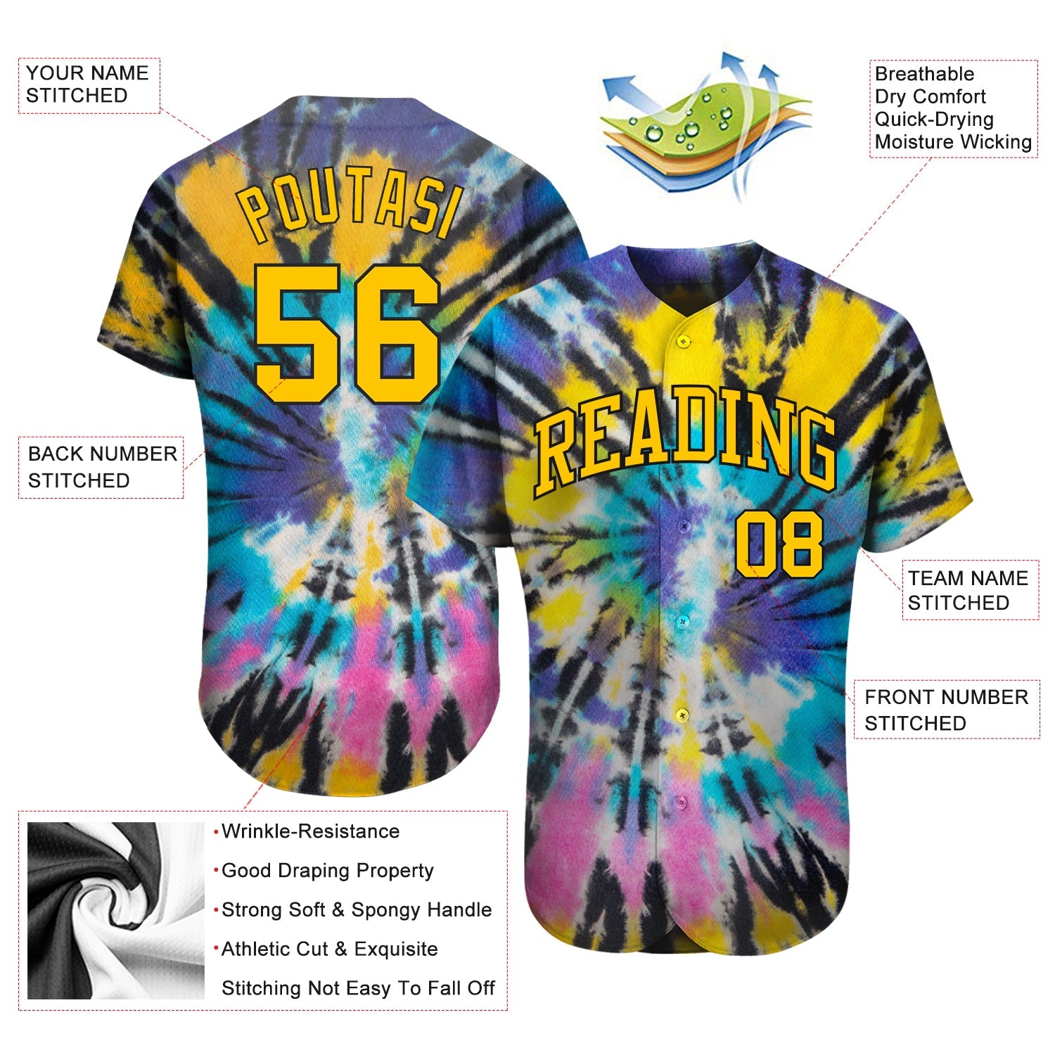 Custom Tie Dye Gold-Black 3D Authentic Baseball Jersey view 3