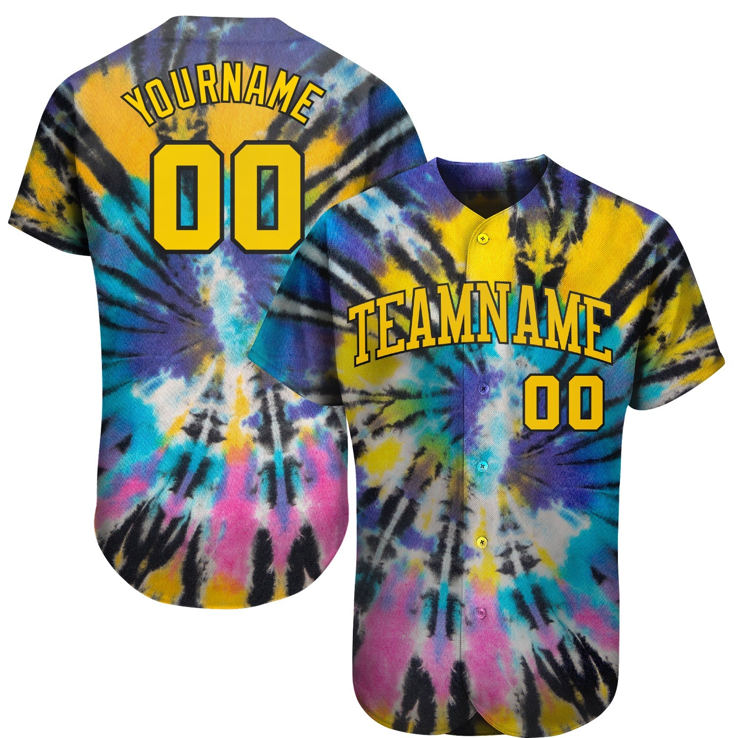 Custom Tie Dye Gold-Black 3D Authentic Baseball Jersey - Main View