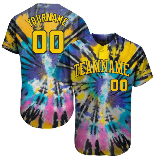 Custom Tie Dye Gold-Black 3D Authentic Baseball Jersey - Main View