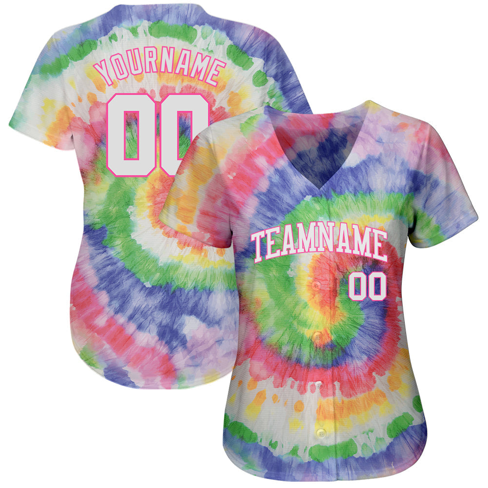 Custom Tie Dye White-Pink 3D Authentic Baseball Jersey view 2