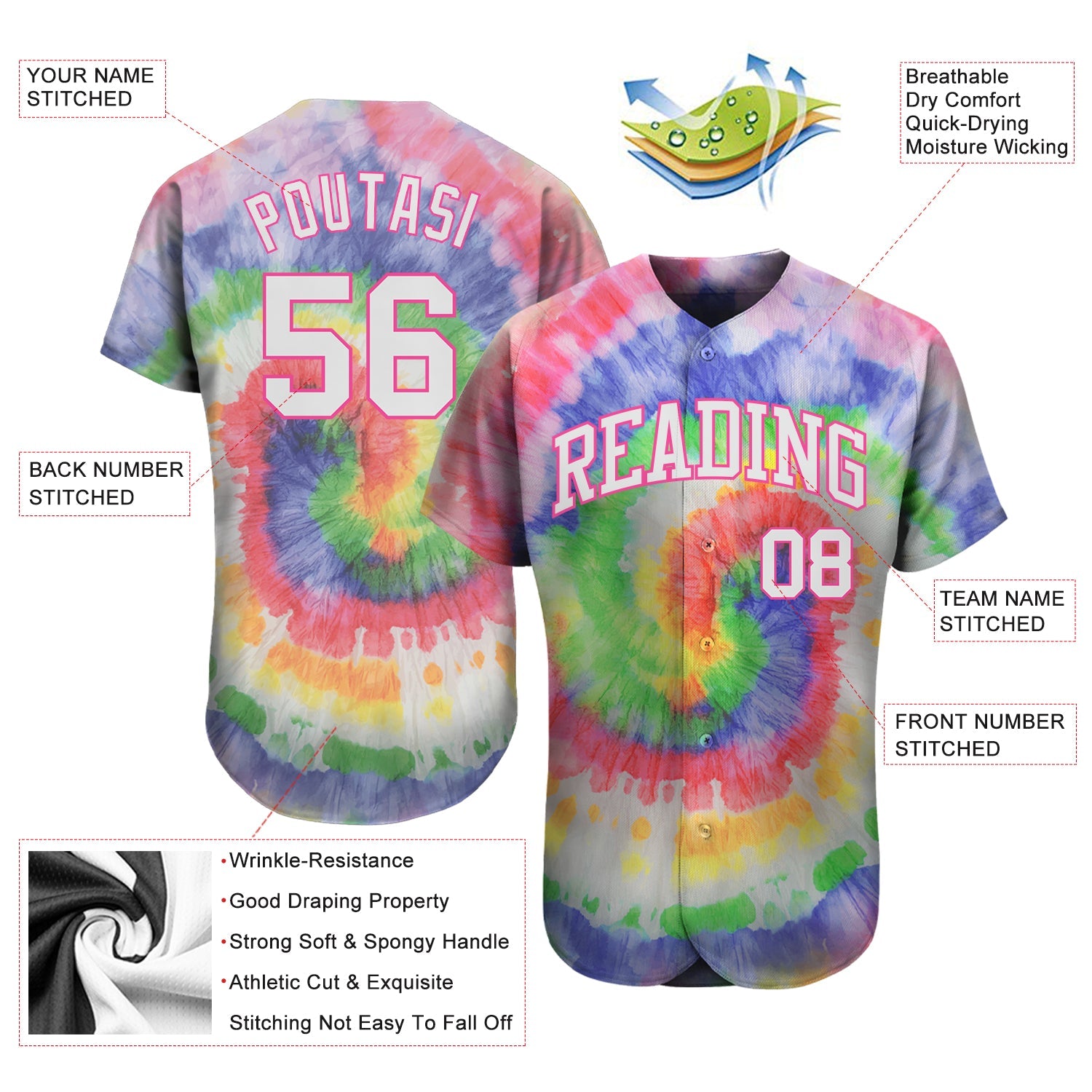 Custom Tie Dye White-Pink 3D Authentic Baseball Jersey view 3