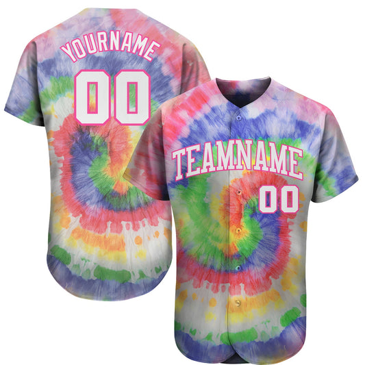 Custom Tie Dye White-Pink 3D Authentic Baseball Jersey - Main View