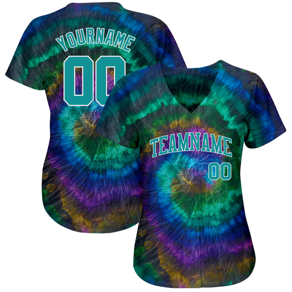 Custom Tie Dye Teal-White 3D Authentic Baseball Jersey view 2