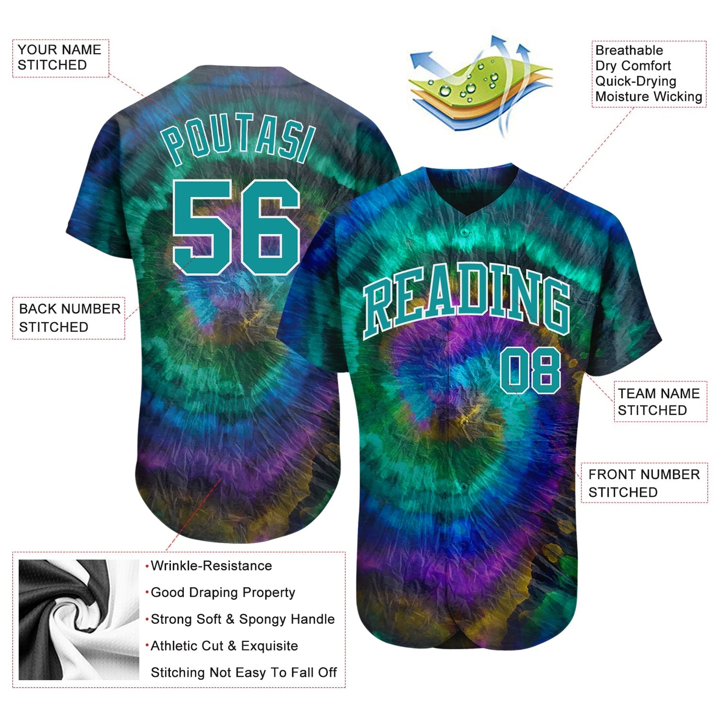 Custom Tie Dye Teal-White 3D Authentic Baseball Jersey view 3