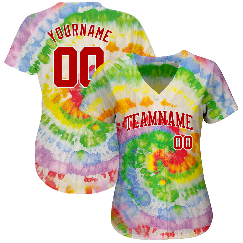 Custom Tie Dye Red-White 3D Authentic Baseball Jersey view 2