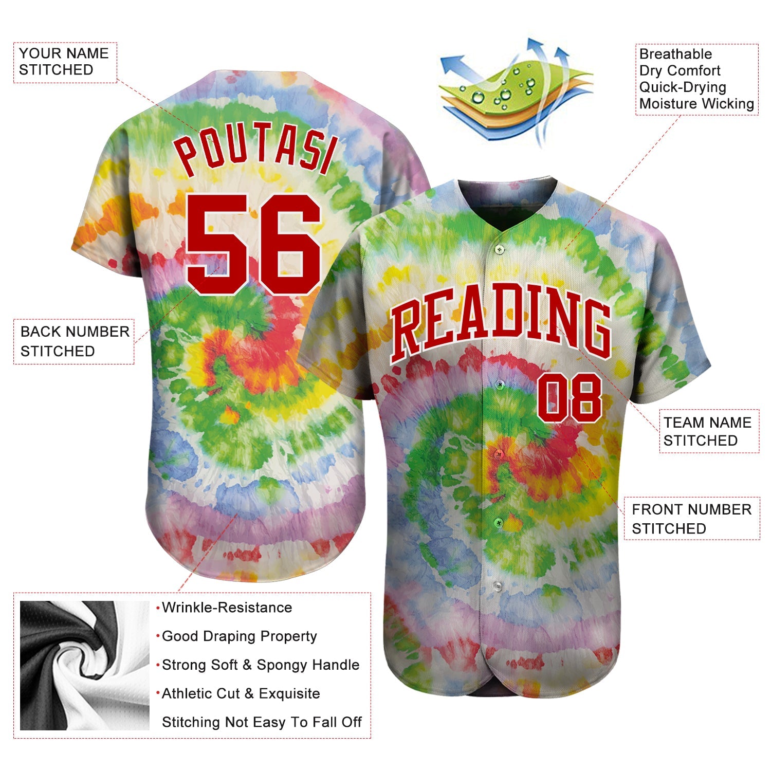 Custom Tie Dye Red-White 3D Authentic Baseball Jersey view 3