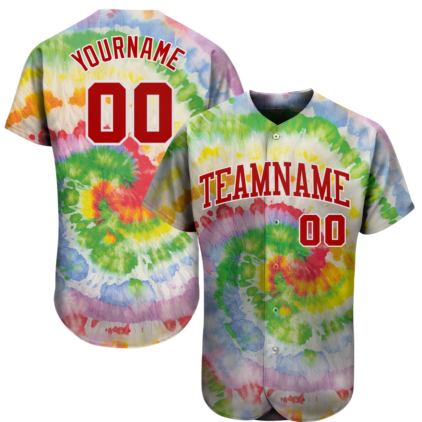 Custom Tie Dye Red-White 3D Authentic Baseball Jersey - Main View