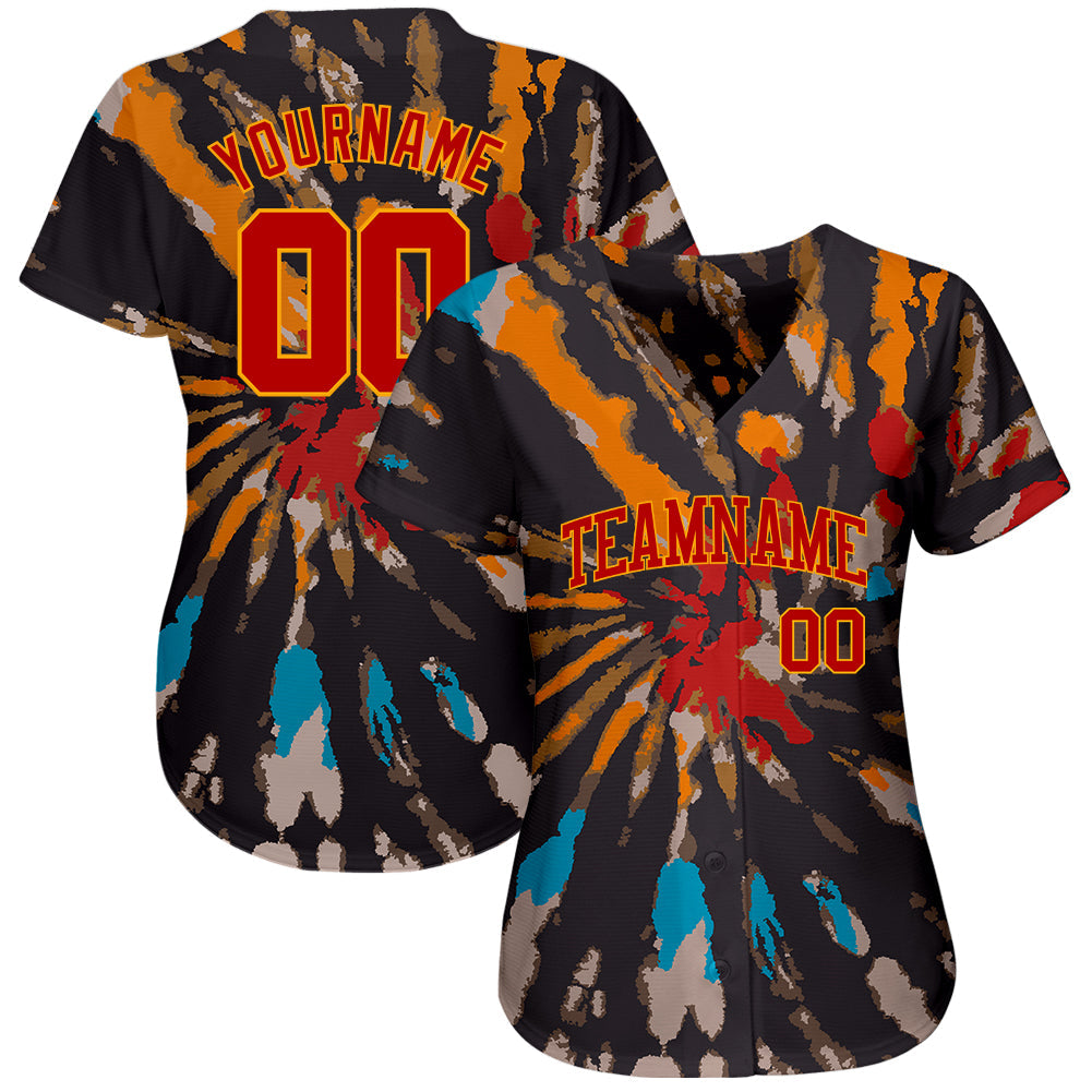 Custom Tie Dye Red-Gold 3D Authentic Baseball Jersey view 2