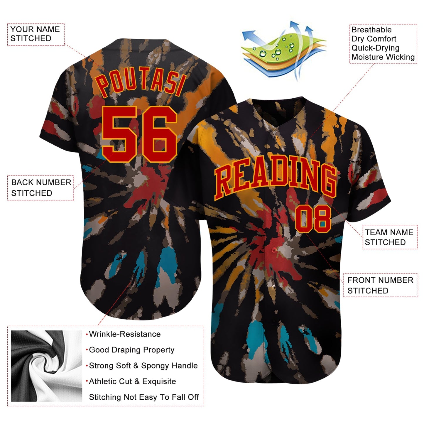 Custom Tie Dye Red-Gold 3D Authentic Baseball Jersey view 3