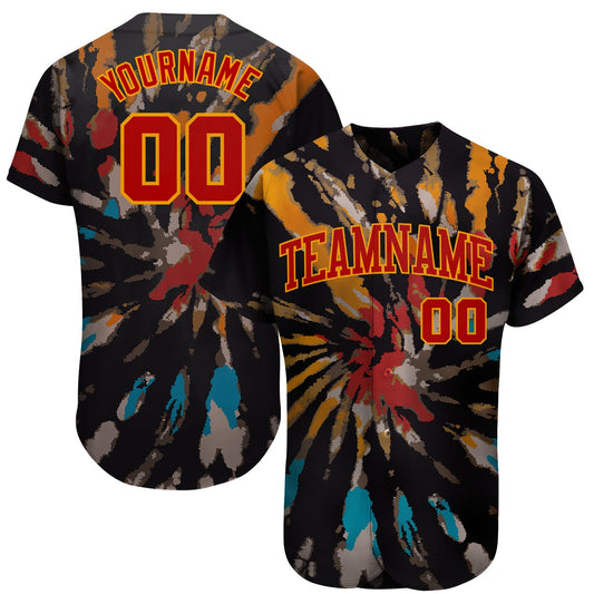 Custom Tie Dye Red-Gold 3D Authentic Baseball Jersey - Main View