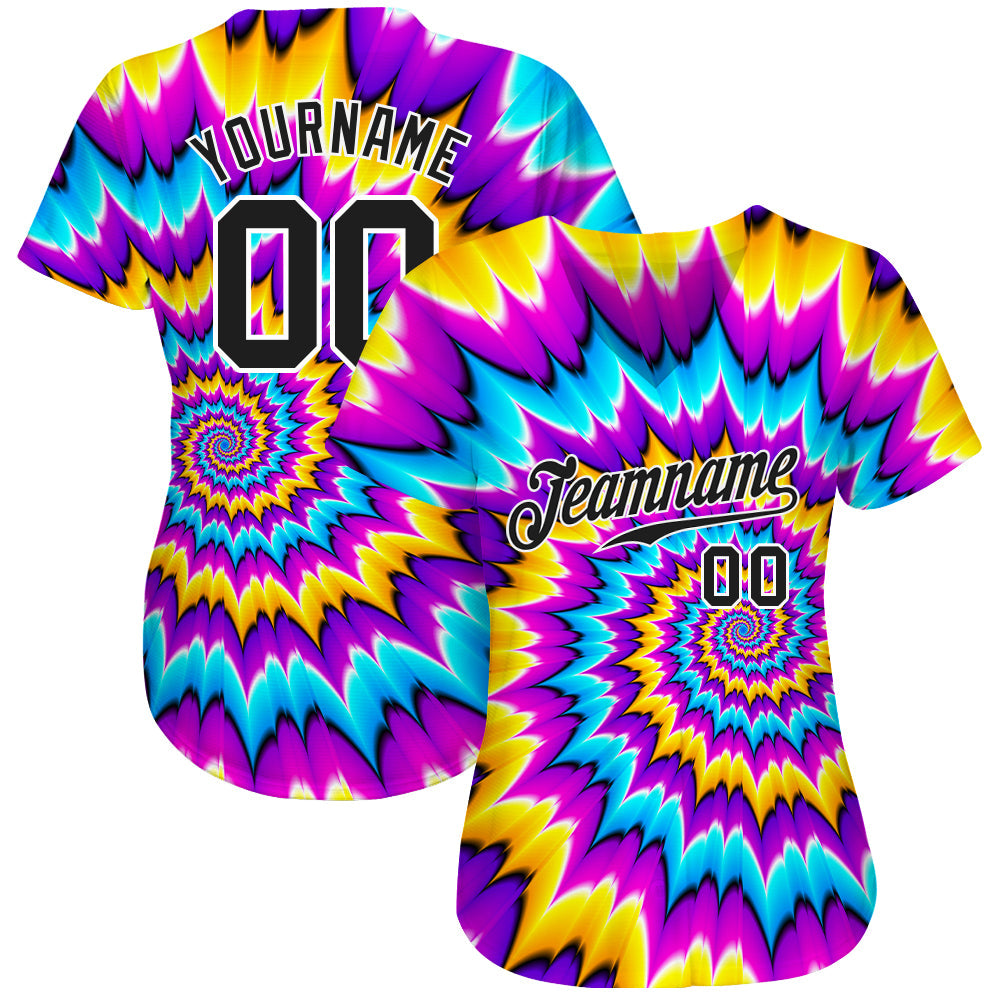 Custom Tie Dye Black-White 3D Authentic Baseball Jersey view 2
