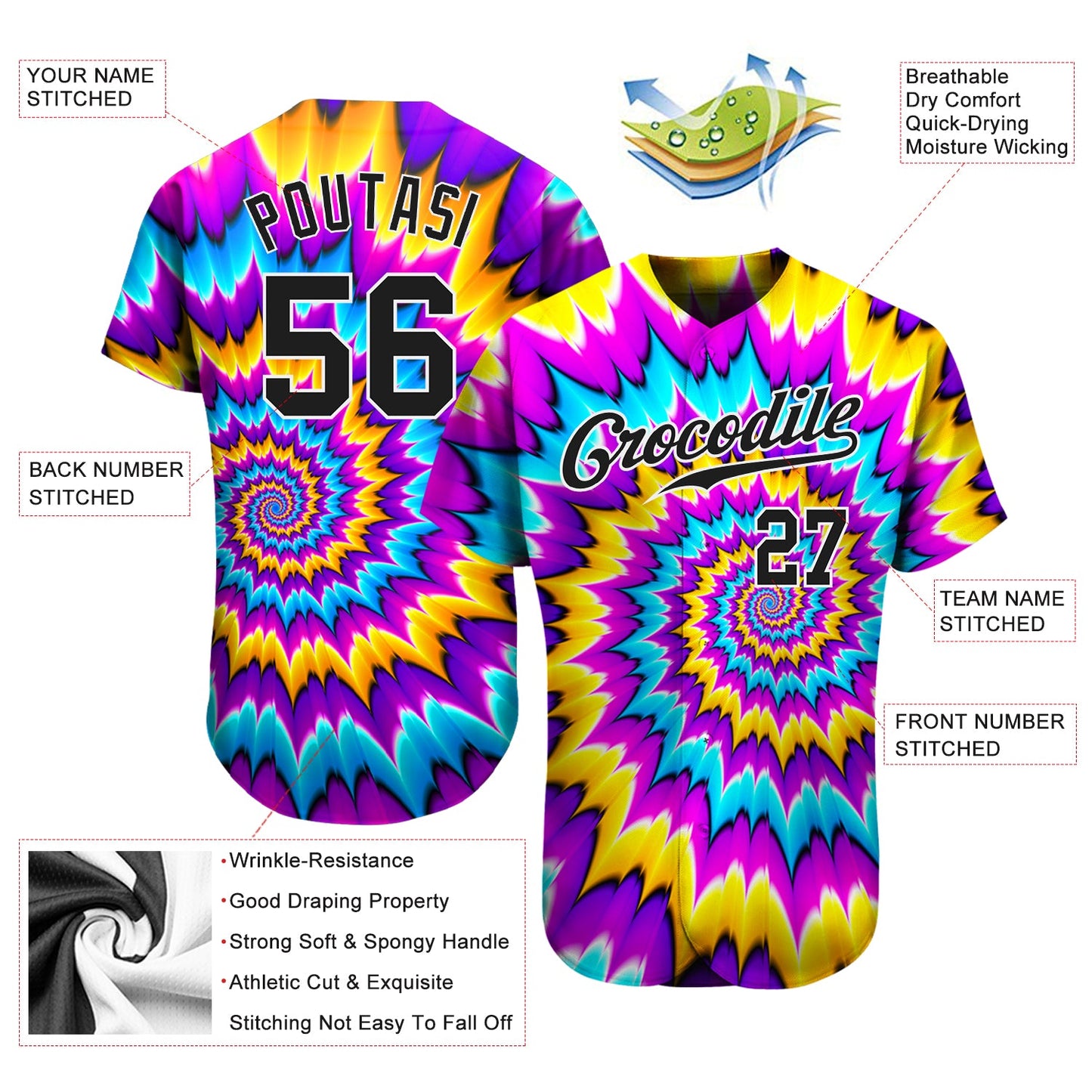 Custom Tie Dye Black-White 3D Authentic Baseball Jersey view 3