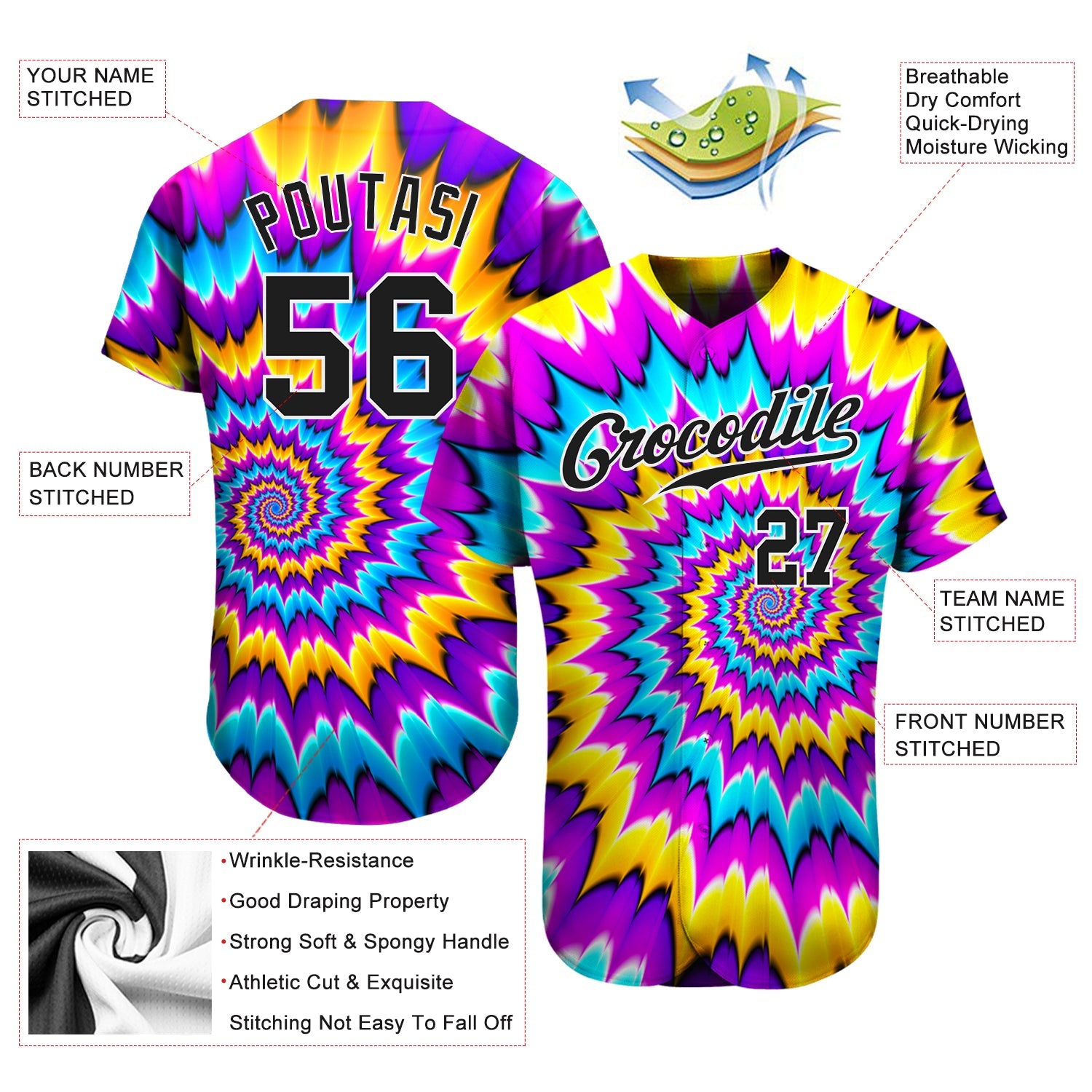 Custom Tie Dye Black-White 3D Authentic Baseball Jersey view 3