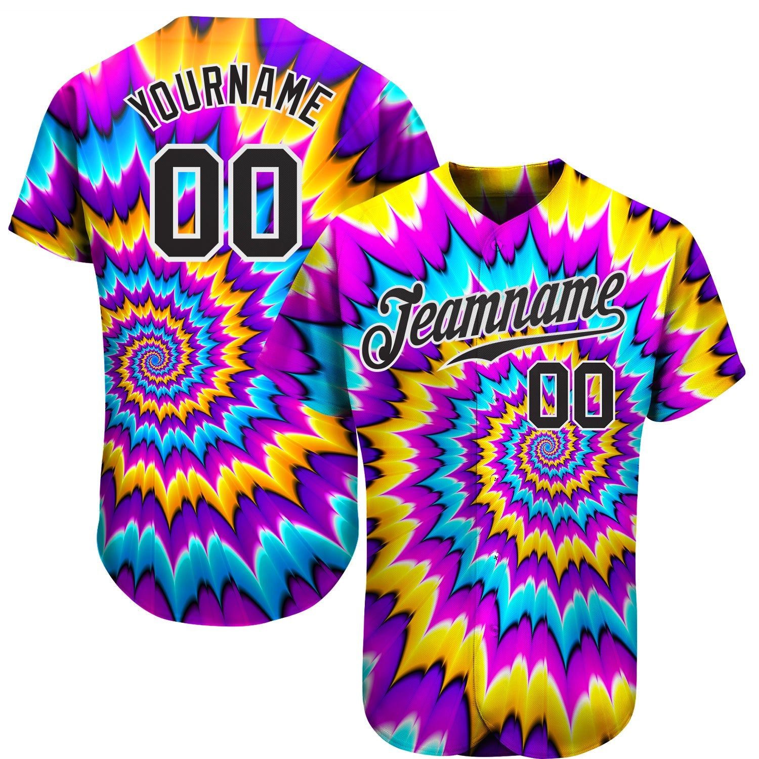 Custom Tie Dye Black-White 3D Authentic Baseball Jersey - Main View