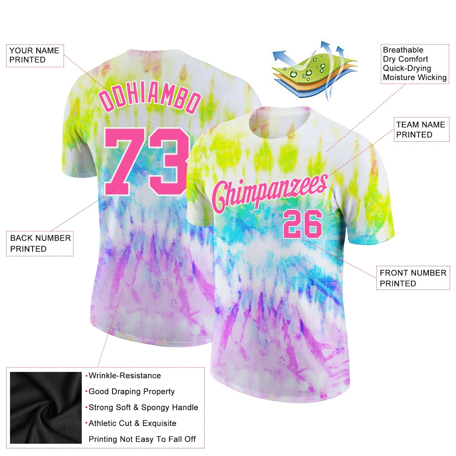 Custom Tie Dye Pink-White 3D Rainbow Performance T-Shirt view 2