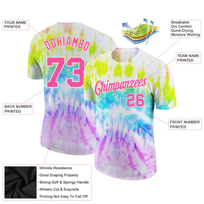 Custom Tie Dye Pink-White 3D Rainbow Performance T-Shirt view 2