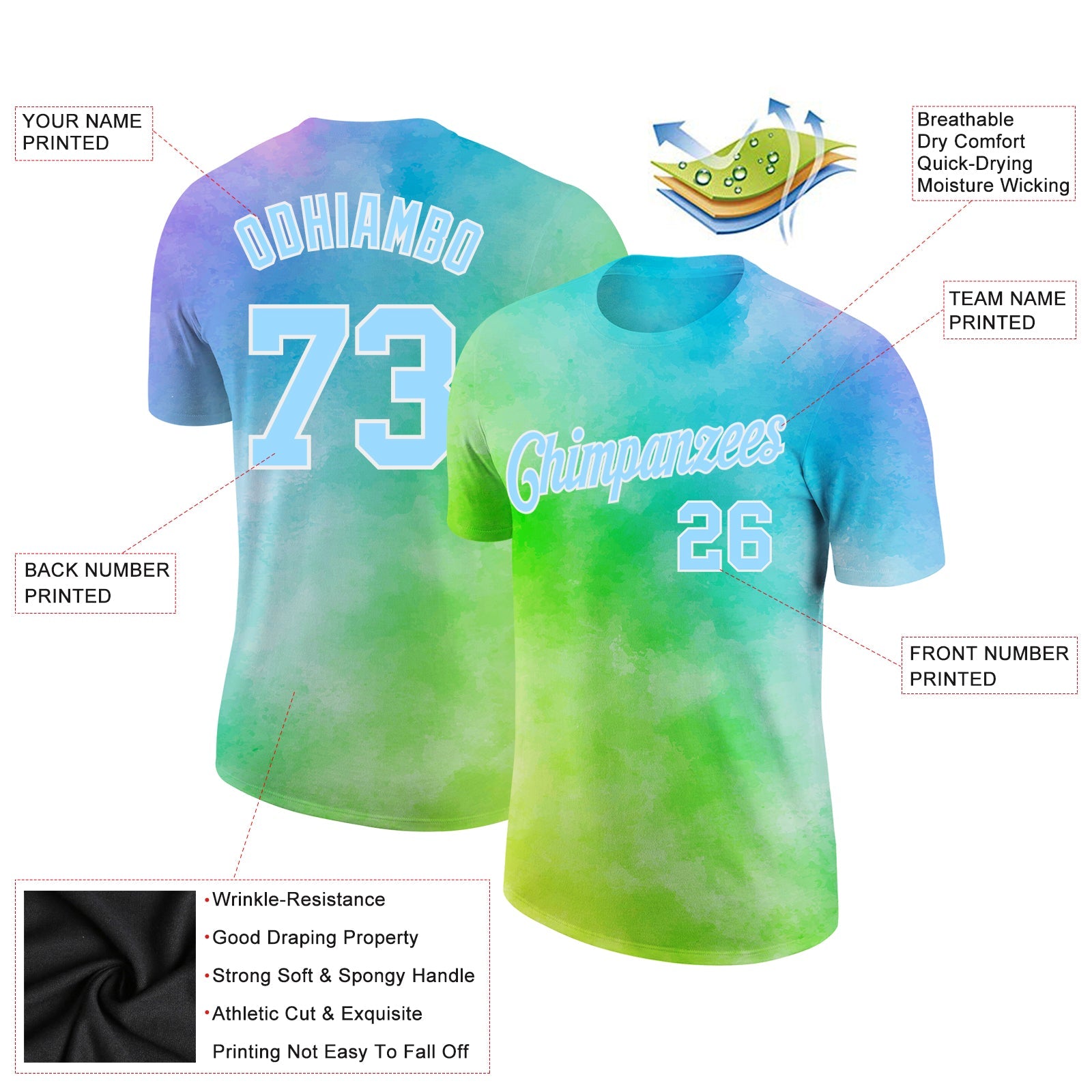 Custom Tie Dye Light Blue-White 3D Rainbow Performance T-Shirt view 2
