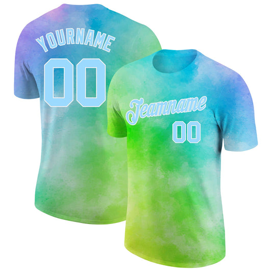 Custom Tie Dye Light Blue-White 3D Rainbow Performance T-Shirt - Main View