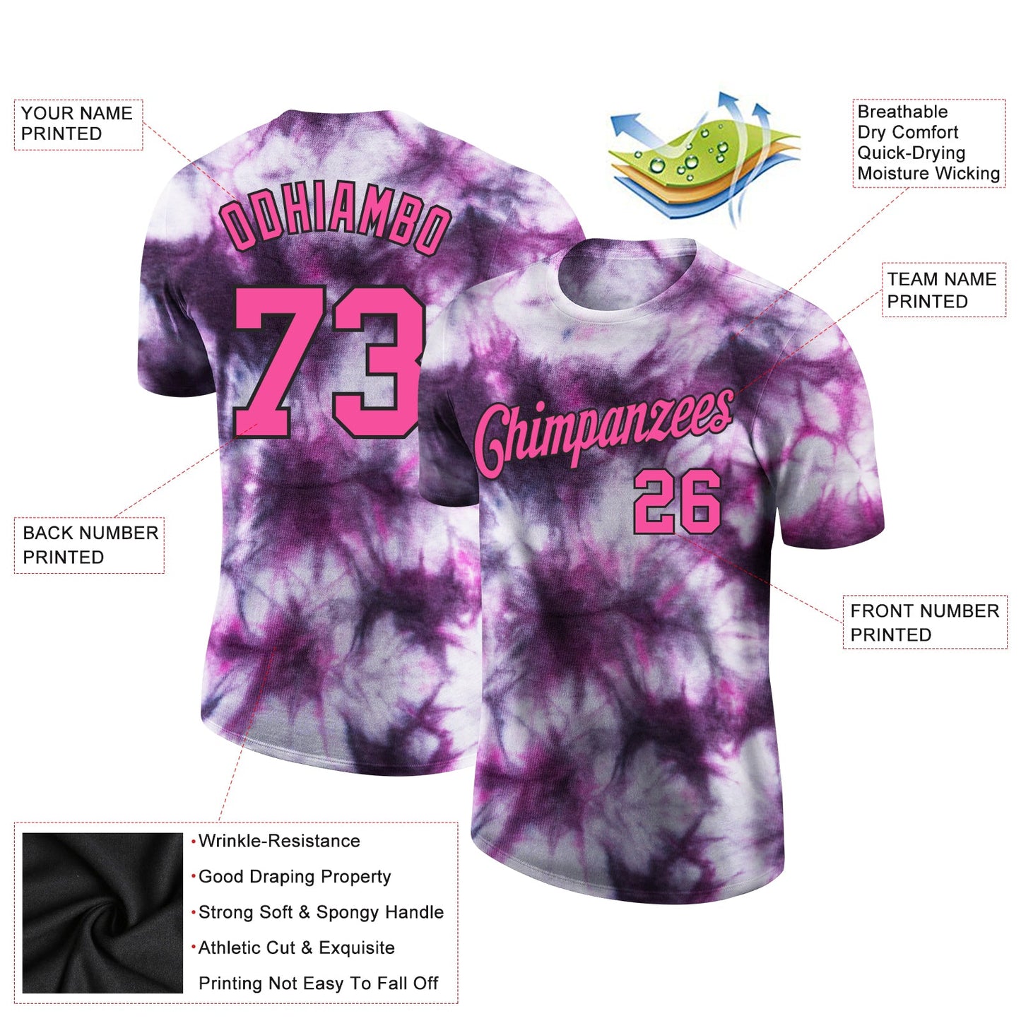 Custom Tie Dye Pink-Black 3D Performance T-Shirt view 2