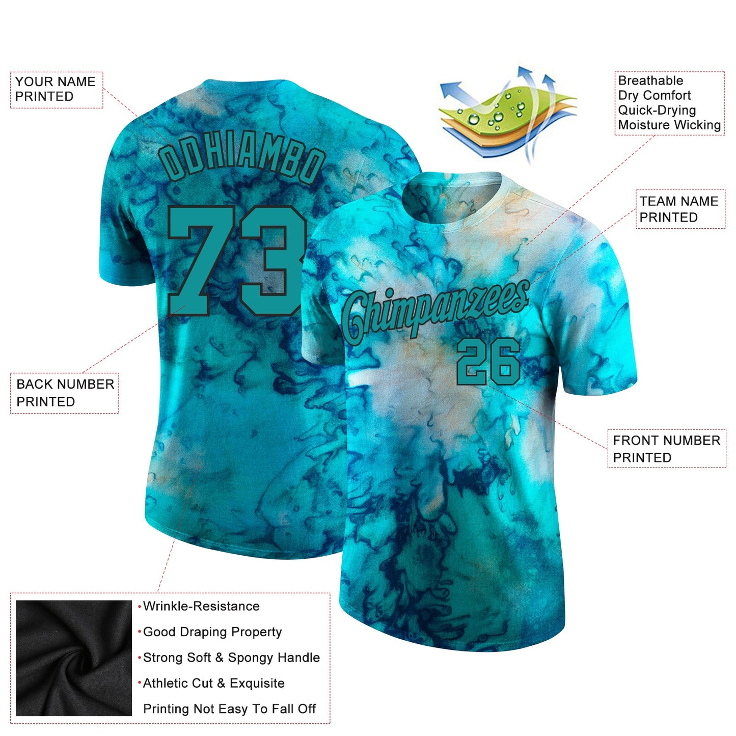 Custom Tie Dye Aqua-Black 3D Performance T-Shirt view 2