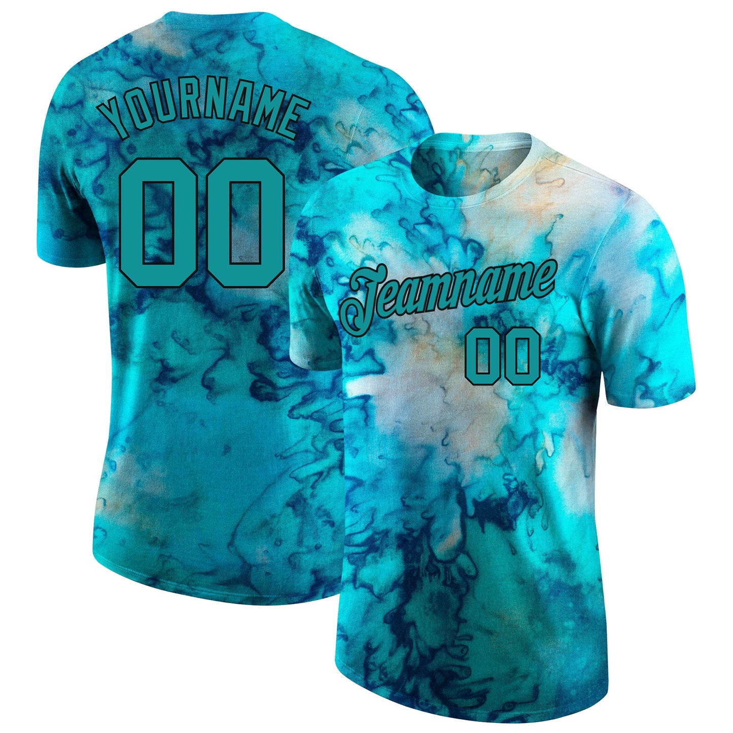 Custom Tie Dye Aqua-Black 3D Performance T-Shirt - Main View