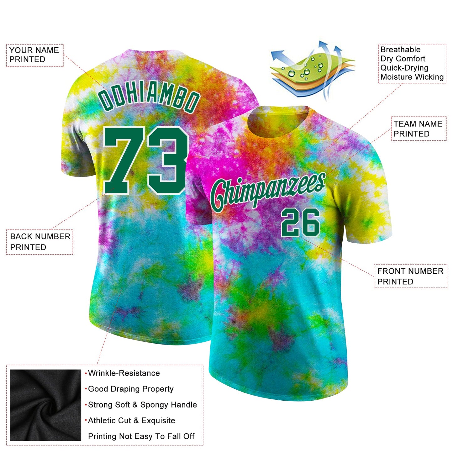 Custom Tie Dye Kelly Green-White 3D Performance T-Shirt view 2