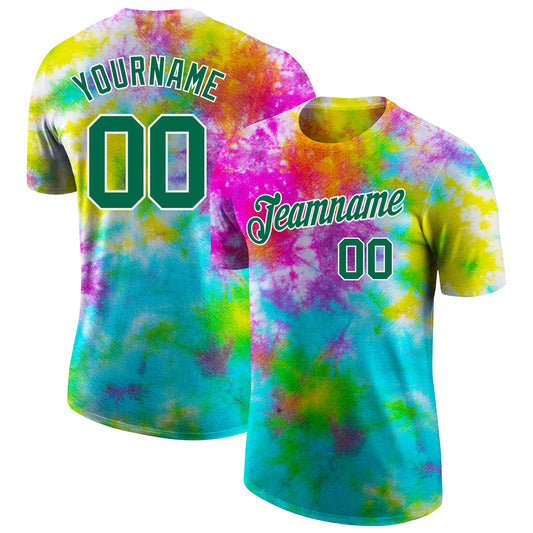 Custom Tie Dye Kelly Green-White 3D Performance T-Shirt - Main View