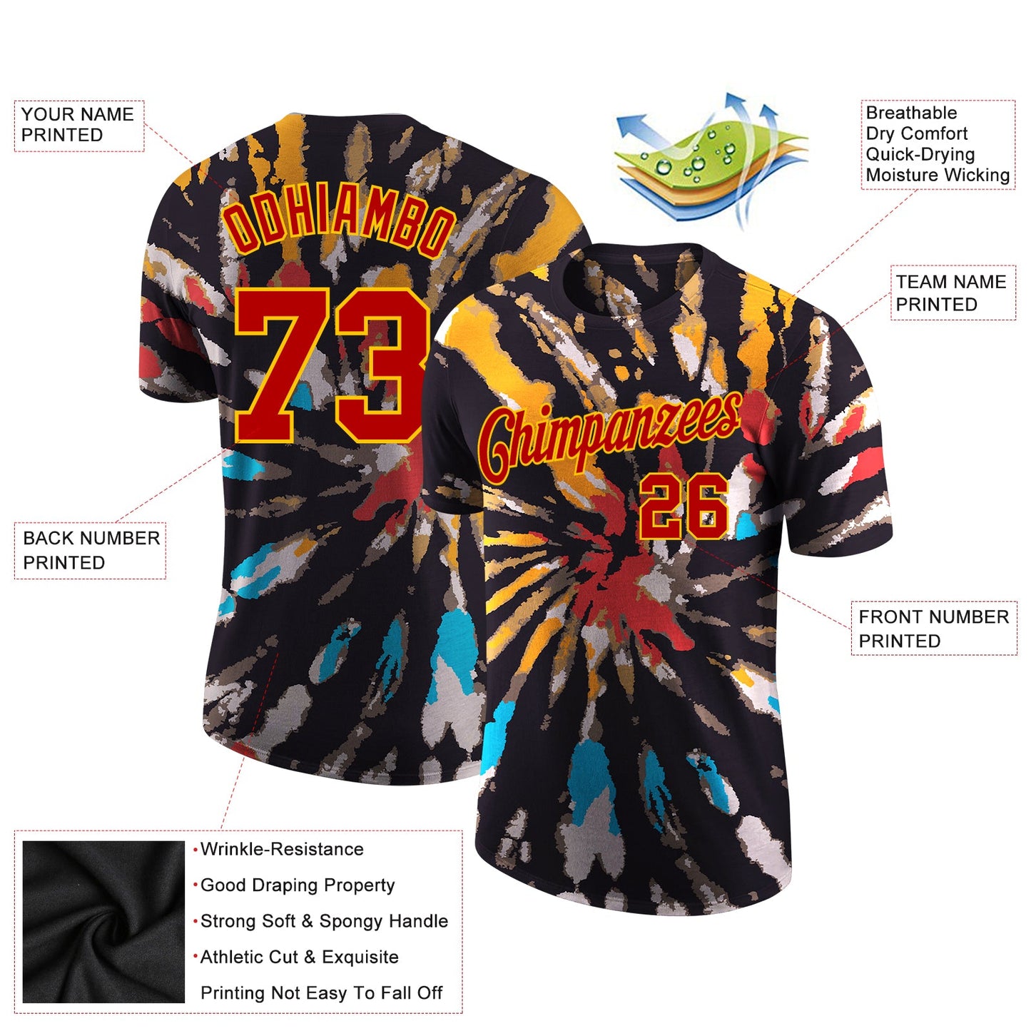 Custom Tie Dye Red-Gold 3D Performance T-Shirt view 2
