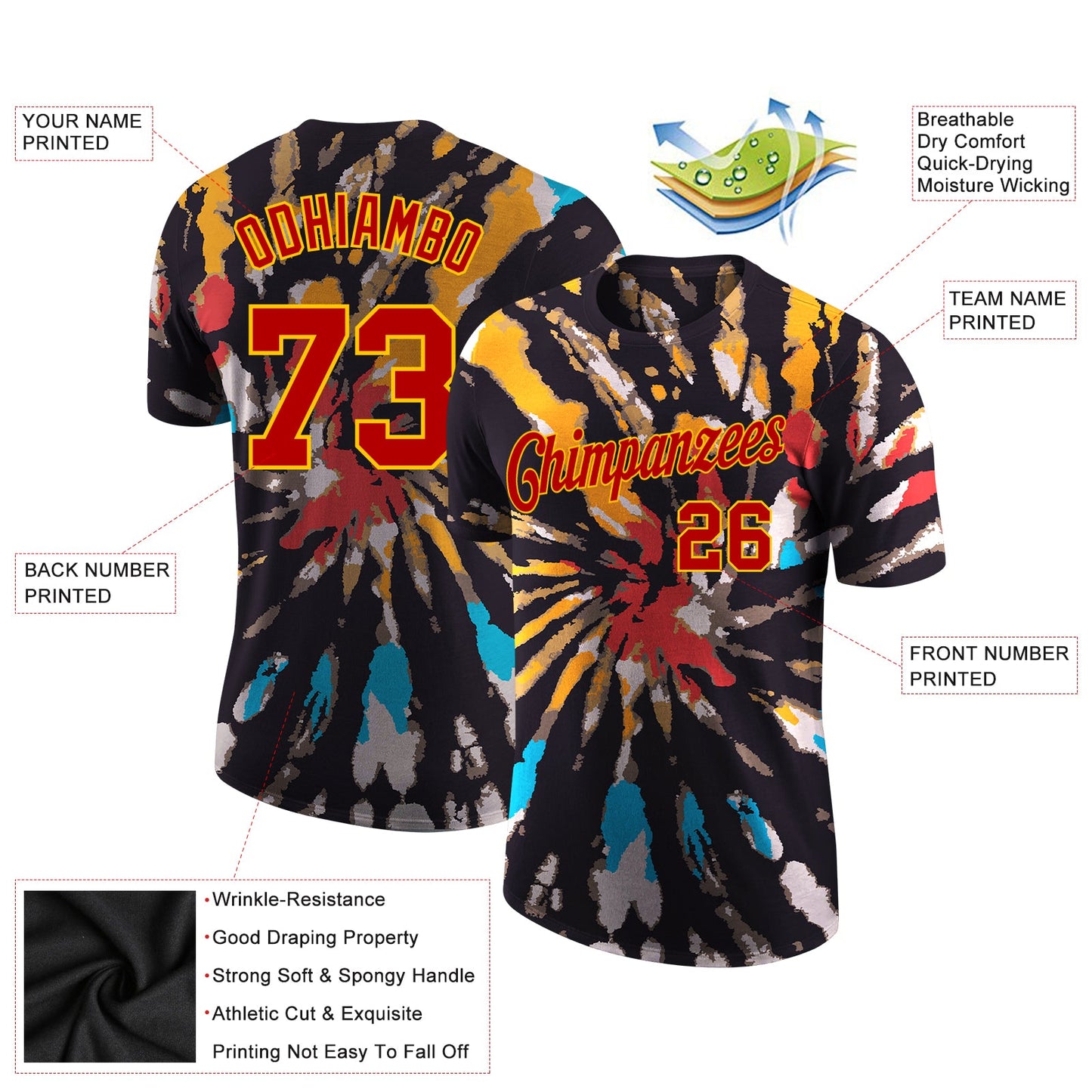 Custom Tie Dye Red-Gold 3D Performance T-Shirt view 3