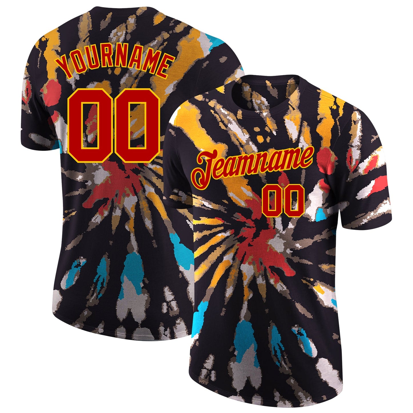 Custom Tie Dye Red-Gold 3D Performance T-Shirt - Main View